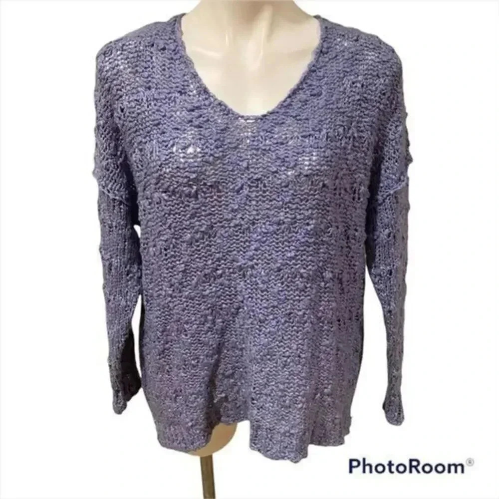 Chelsea and Theodore periwinkle blue
textured open knit sweater